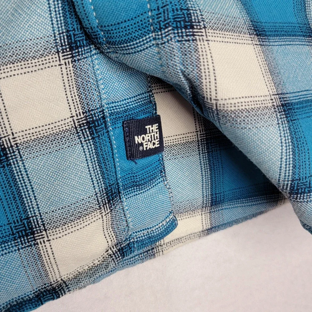 The North Face Mens Blue White Plaid Short Sleeve Cotton Button Down Shirt L